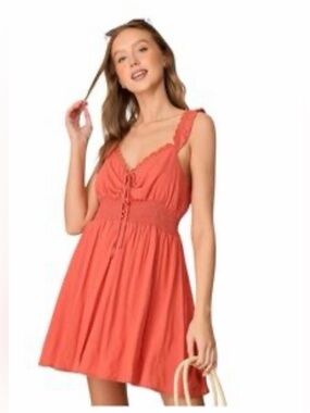 NWT Lumiere Coral Eyelet Ruffle Mini Cami Dress Smocked Bodice Size Med Boho